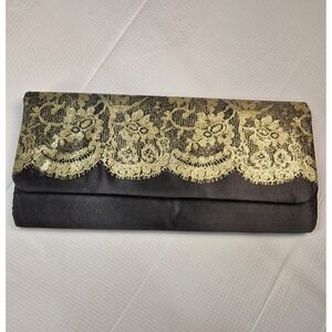 Vintage Avon Black Satin Fabric Glitter Lace Clutch Gold Lining Snap 10" Classic
